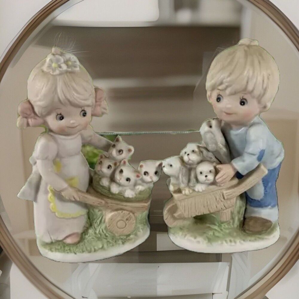 Homco Boy Girl Figurines Pets in Wheelbarrows Puppies Kittens Country Granny Vtg